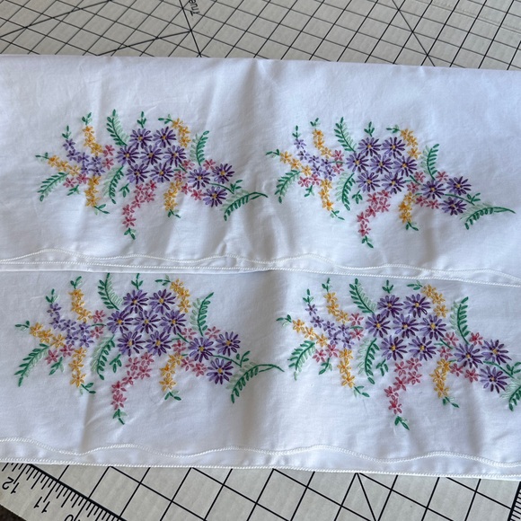 Other - Vintage Hand Embroidered Pillowcases – Floral Pastel Design – 1950s Cotton Pair